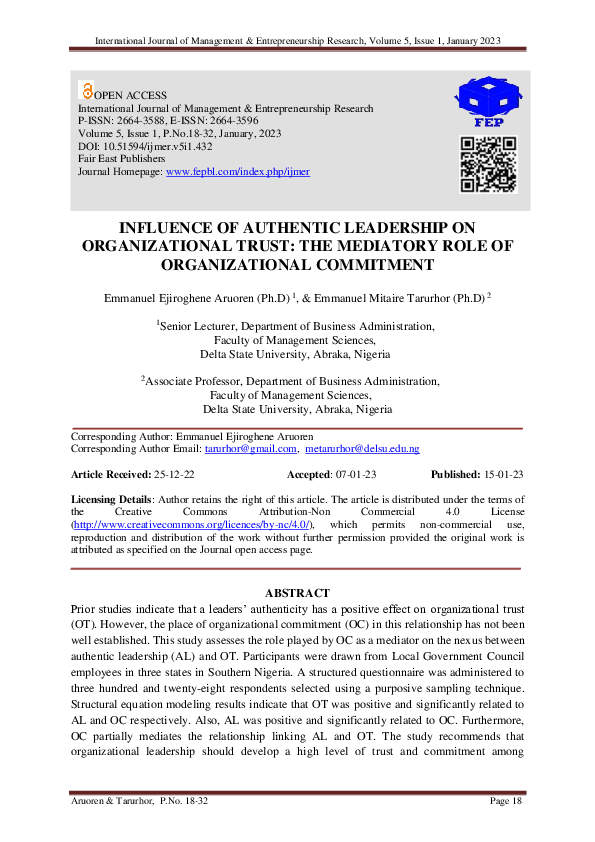 (PDF) Influence of Authentic Leadership on Organizational Trust: The ...