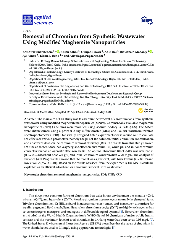 (PDF) Removal of Chromium from Synthetic Wastewater Using Modified ...