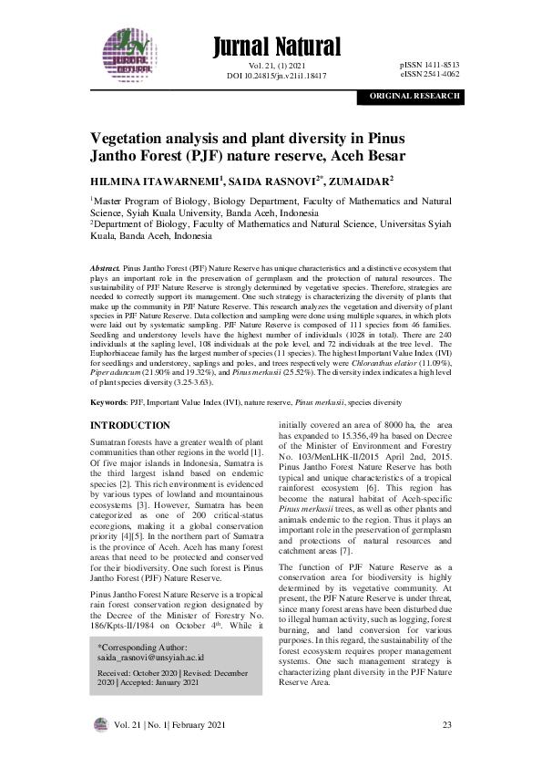 (PDF) Vegetation analysis and plant diversity in Pinus Jantho Forest ...