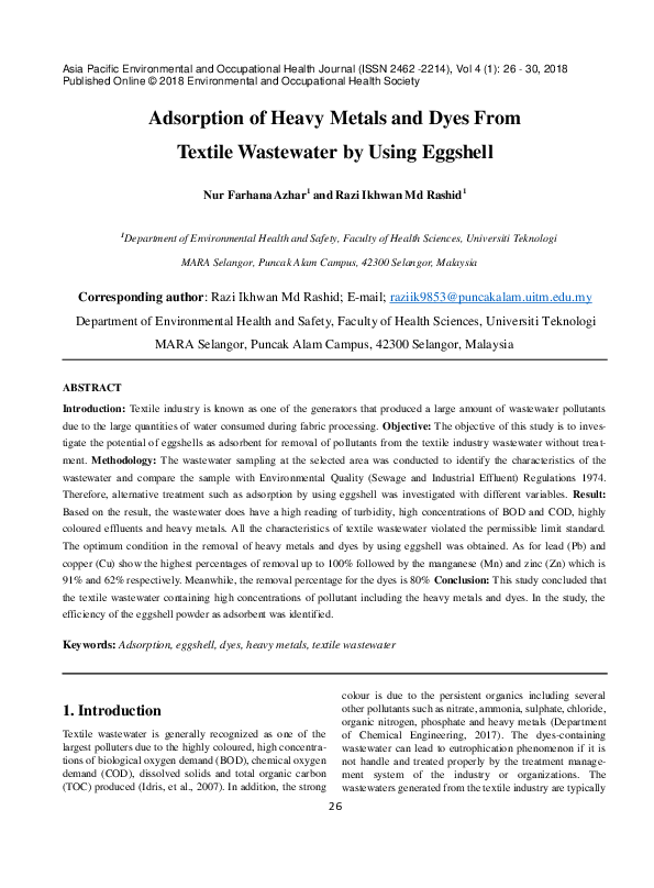 (PDF) Adsorption of Heavy Metals and Dyes From Textile Wastewater by ...