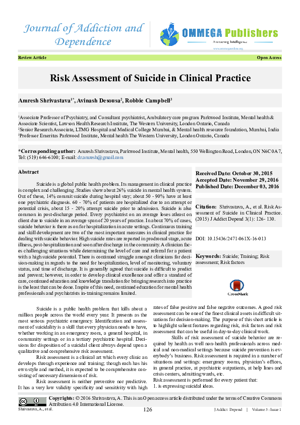 (PDF) Risk Assessment of Suicide in Clinical Practice