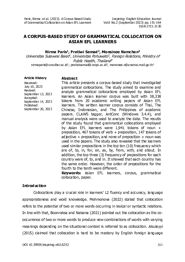 (PDF) A Corpus-Based Study of Grammatical Collocation on Asian EFL Learners