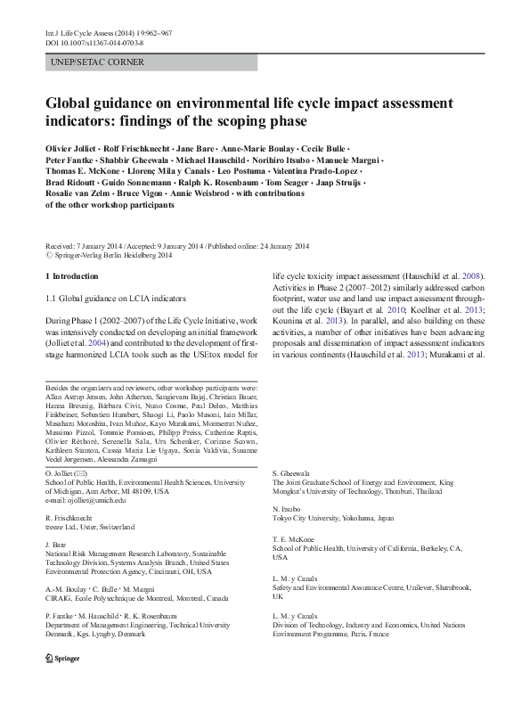 (PDF) Global guidance on environmental life cycle impact assessment ...