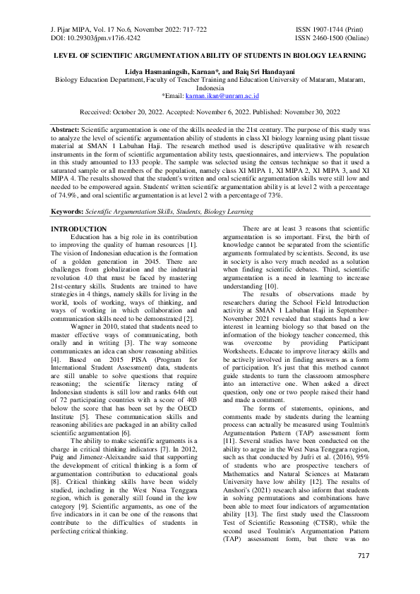 (PDF) Level of scientific argumentation ability of students in biology ...