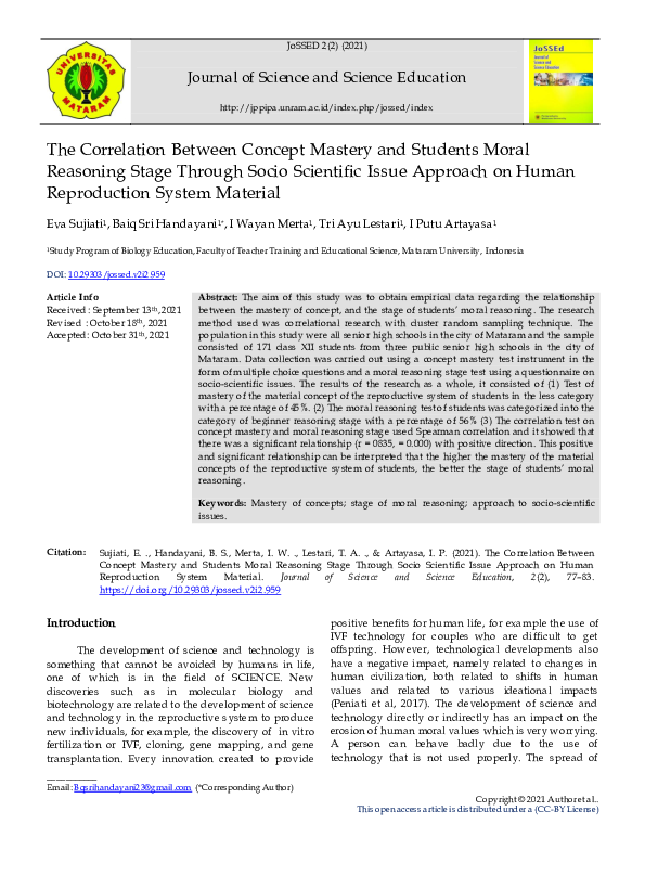 (PDF) The Correlation Between Concept Mastery and Students Moral ...