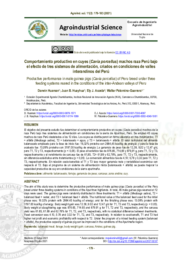 (PDF) Productive performance in male guinea pigs (Cavia porcellus) of ...