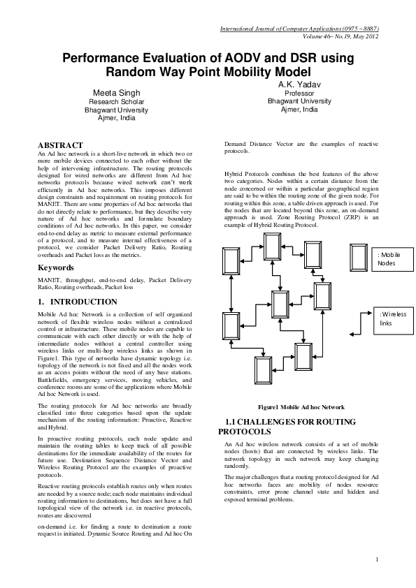 (PDF) Performance Evaluation of AODV and DSR using Random Way Point ...