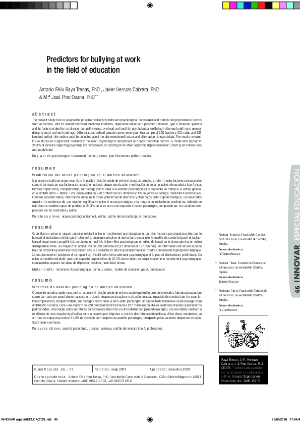 (PDF) Predictors for bullying at work in the field of education