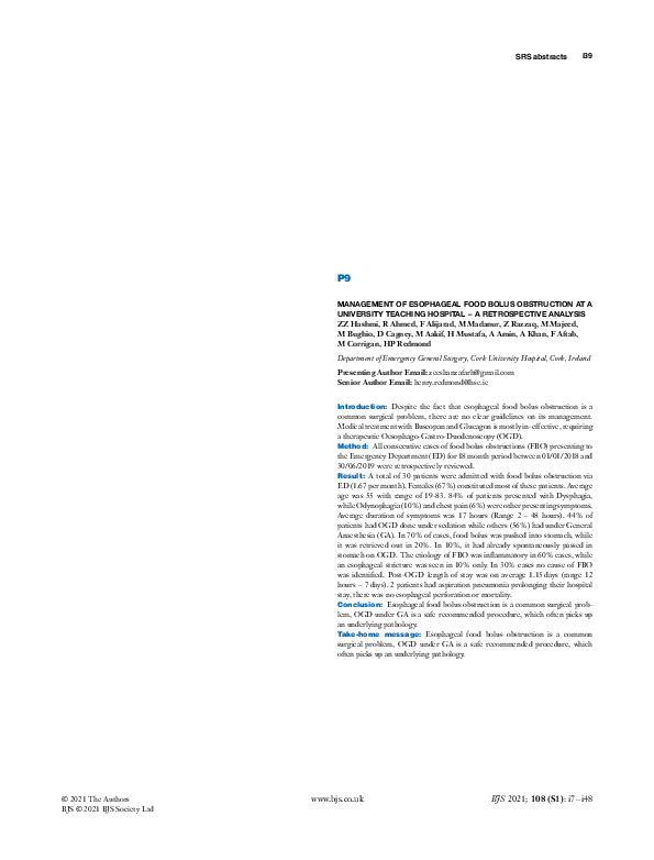 (PDF) P9: Management of Esophageal Food Bolus Obstruction at a ...