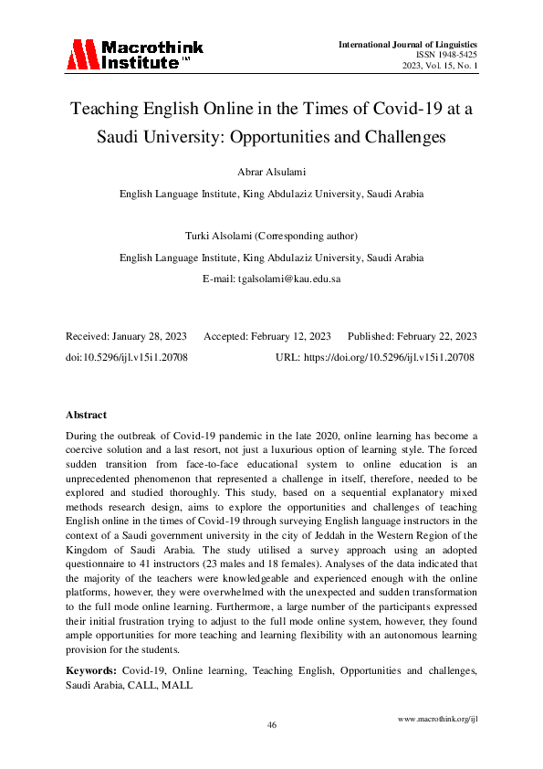 (PDF) Teaching English Online in the Times of Covid-19 at a Saudi ...