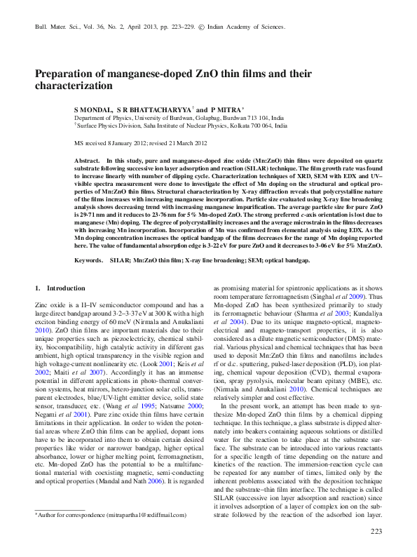 (PDF) Preparation of manganese-doped ZnO thin films and their ...