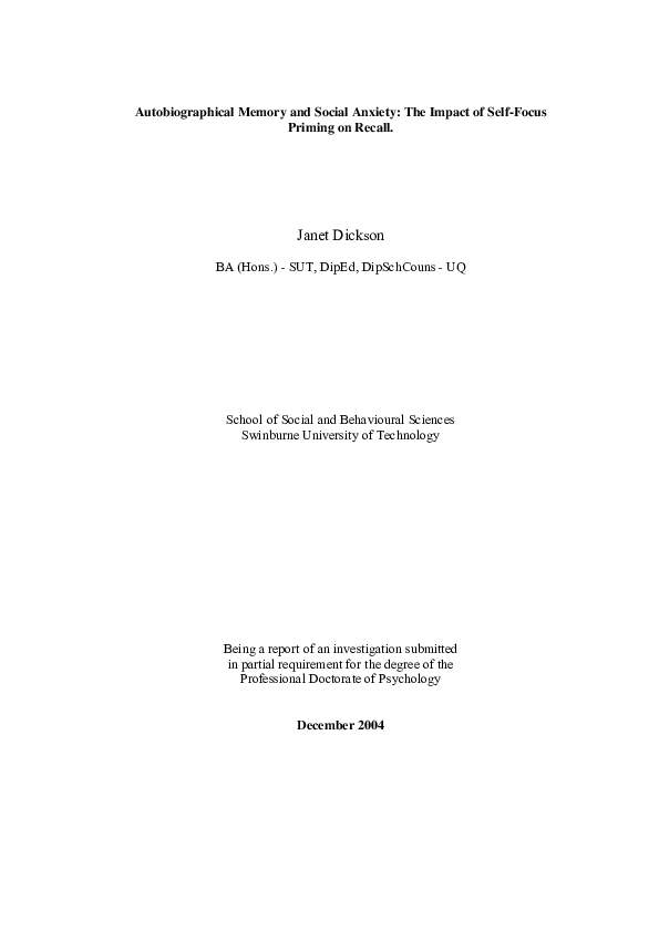 (PDF) Autobiographical memory and social anxiety : the impact of self ...