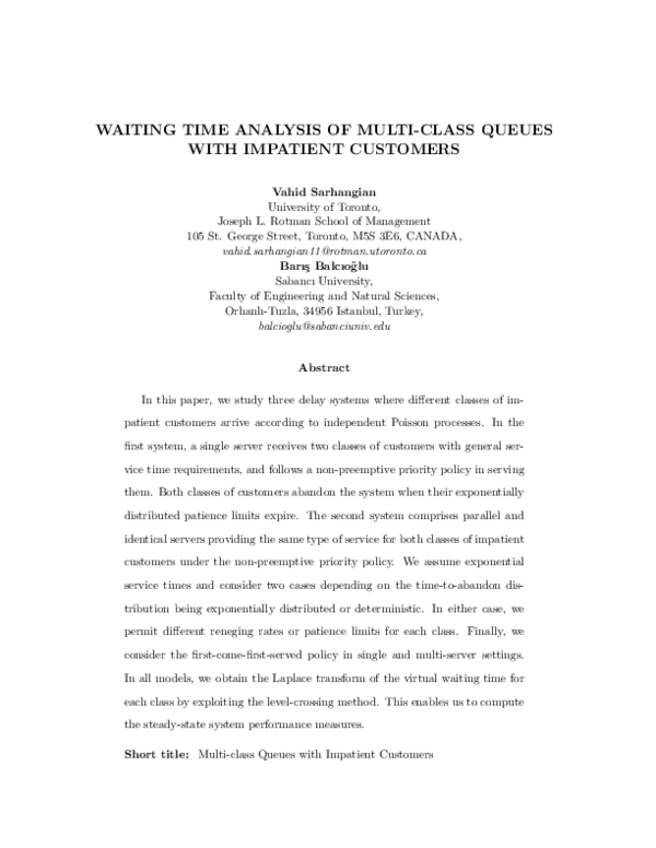 (PDF) Waiting Time Analysis of Multi-Class Queues with Impatient Customers