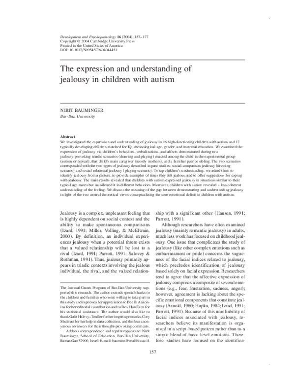 (PDF) The expression and understanding of jealousy in children with autism