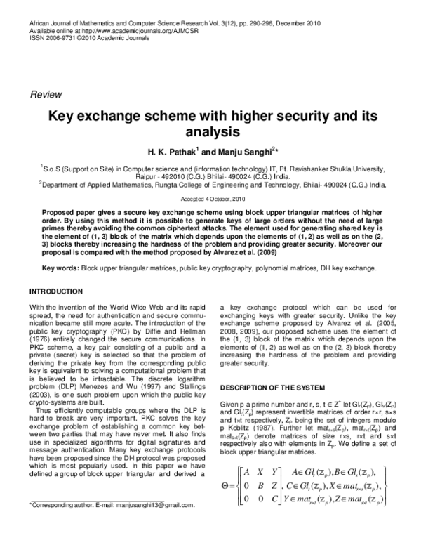 (PDF) Key exchange scheme with higher security and its analysis