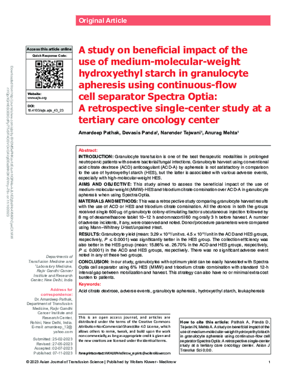 A study on beneficial impact of the use of medium-molecular-weight hydroxyethyl starch in granulocyte apheresis using continuous-flow cell separator Spectra Optia: A retrospective single-center study at a tertiary care oncology center