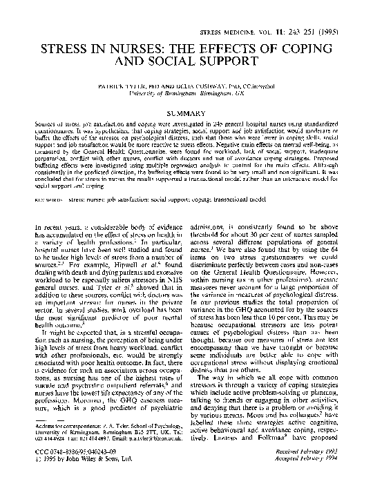 (PDF) Stress in nurses: The effects of coping and social support