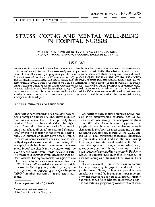(PDF) Stress, coping and mental well-being in hospital nurses