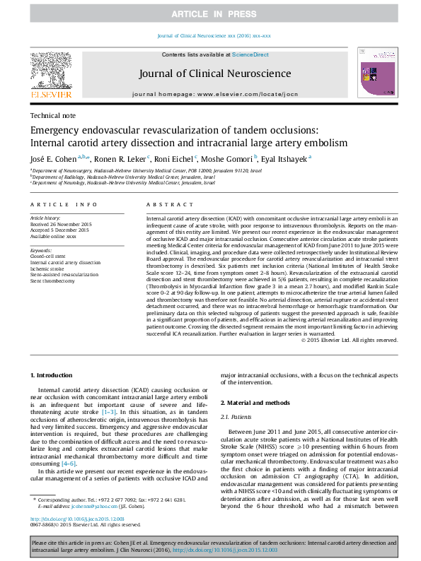 (PDF) Emergency endovascular revascularization of tandem occlusions ...