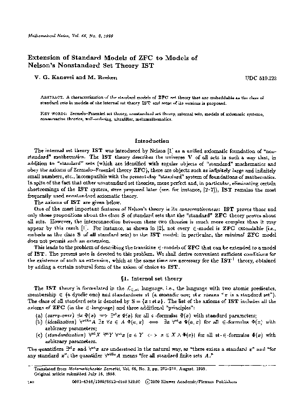 (PDF) Extension of standard models of ZFC to models of Nelson’s