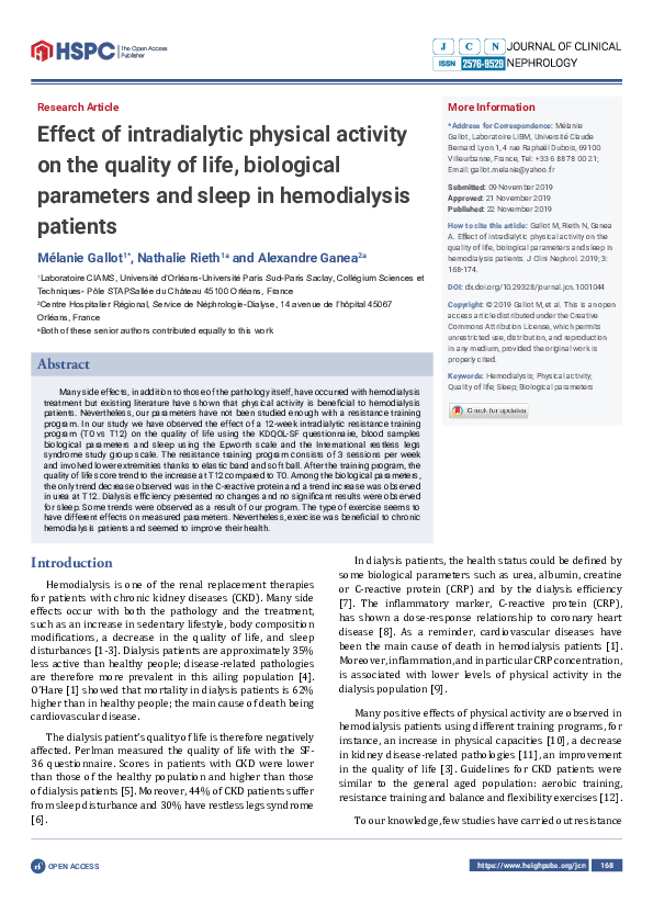 (PDF) Effect of intradialytic physical activity on the quality of life ...