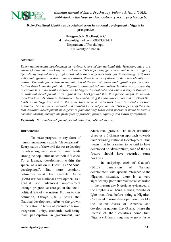 (PDF) Role of cultural identity and social cohesion in national development