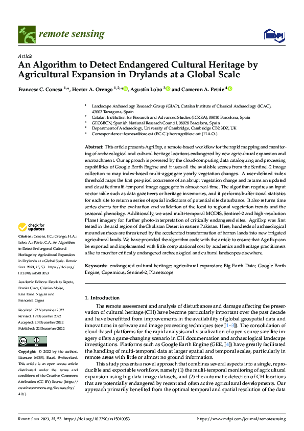 An Algorithm to Detect Endangered Cultural Heritage by Agricultural Expansion in Drylands at a Global Scale