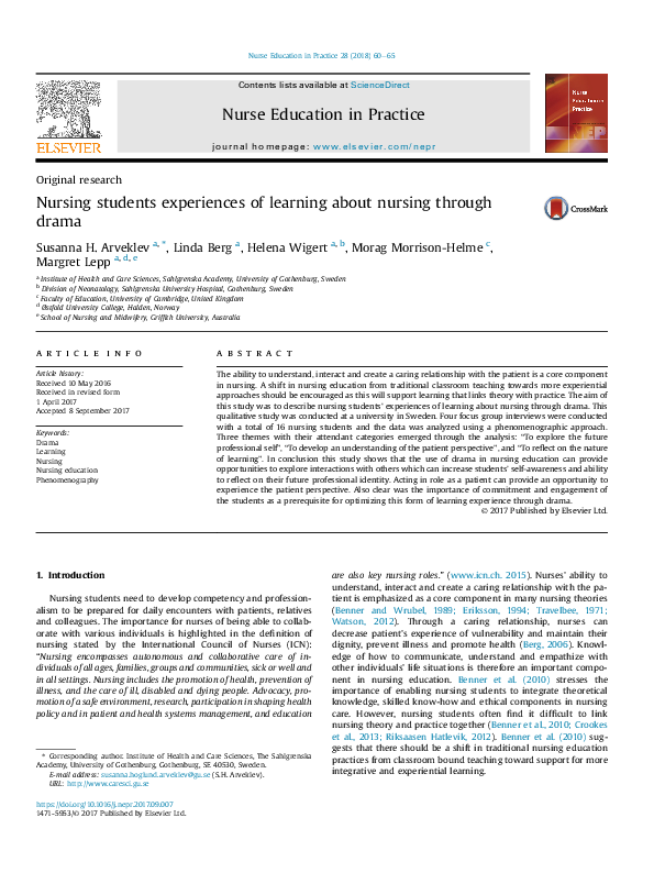 (PDF) Nursing students experiences of learning about nursing through drama
