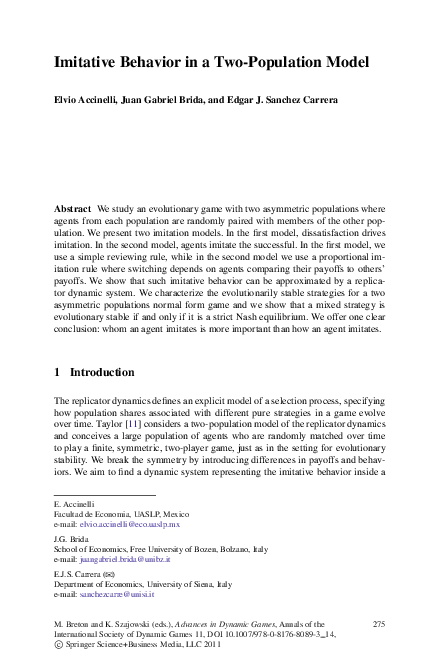 (PDF) Imitative Behavior in a Two-Population Model