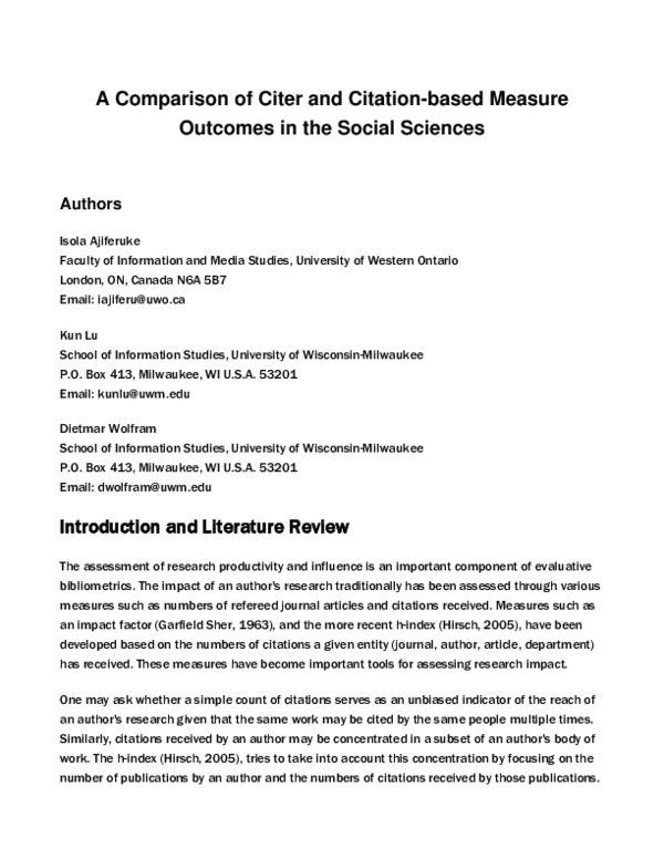(PDF) A comparison of citer and citation-based measure outcomes in the ...