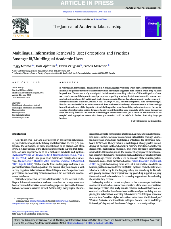 (PDF) Multilingual Information Retrieval & Use: Perceptions and ...