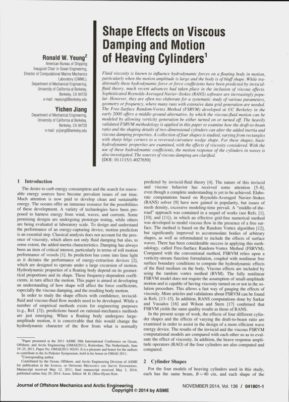 (PDF) Shape Effects on Viscous Damping and Motion of Heaving Cylinders1