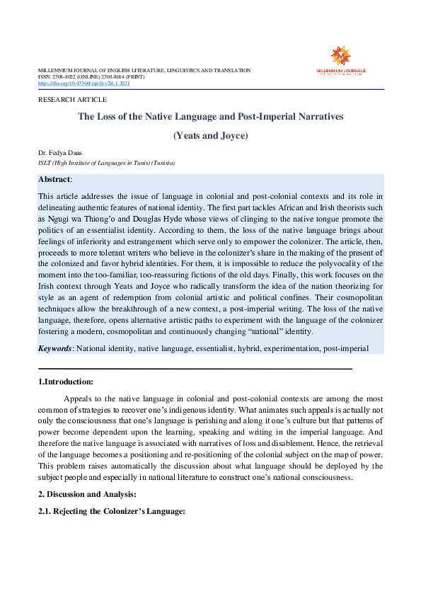 (PDF) The Loss of the Native Language and Post-Imperial Narratives