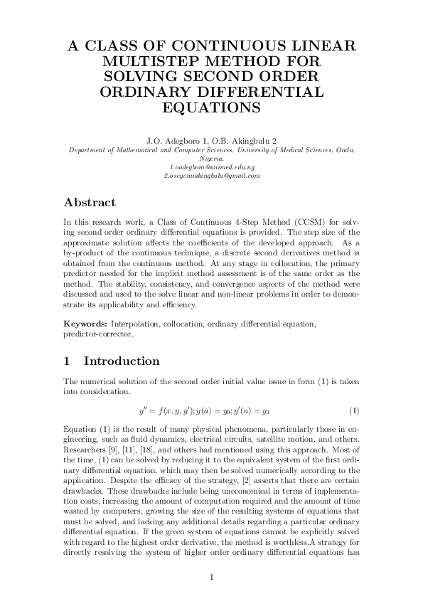 (PDF) A CLASS OF CONTINUOUS LINEAR MULTISTEP METHOD FOR SOLVING SECOND ...