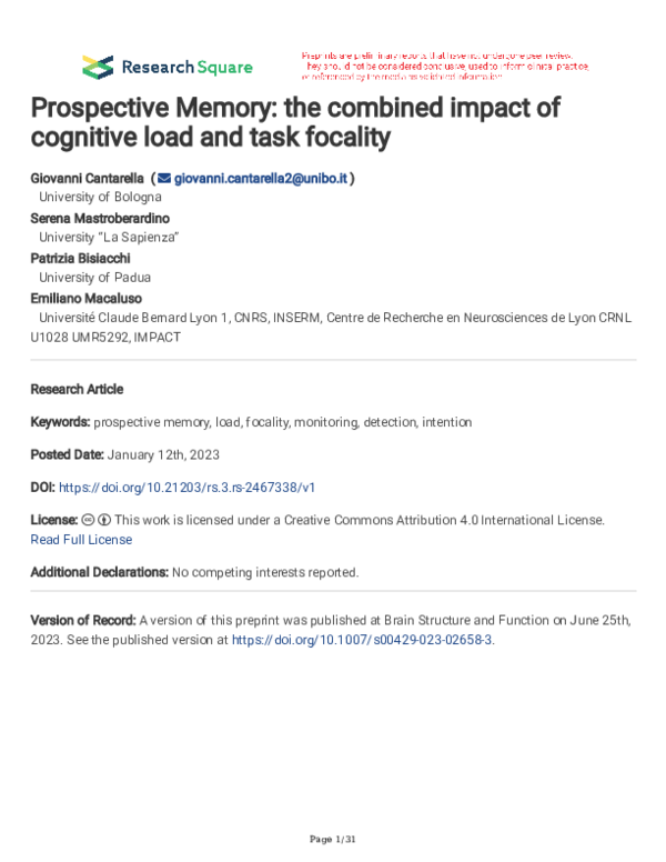 (PDF) Prospective Memory: the combined impact of cognitive load and ...