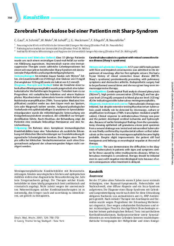 (PDF) Zerebrale Tuberkulose bei einer Patientin mit Sharp-Syndrom