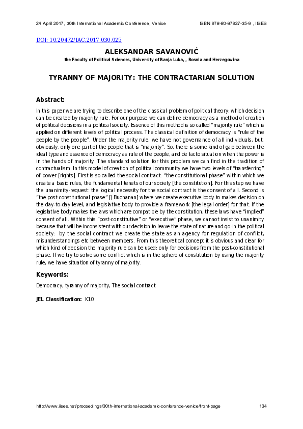 (PDF) Tyranny of Majority: The Contractarian Solution