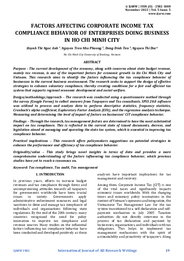 (PDF) FACTORS AFFECTING CORPORATE INCOME TAX COMPLIANCE BEHAVIOR OF ...