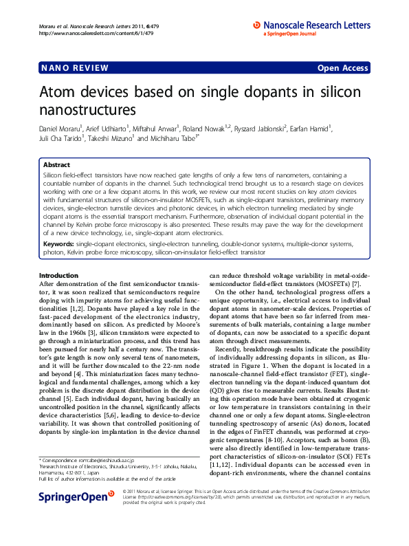 (PDF) Atom devices based on single dopants in silicon nanostructures