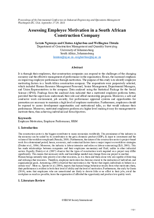 (PDF) Assessing Employee Motivation in a South African Construction Company