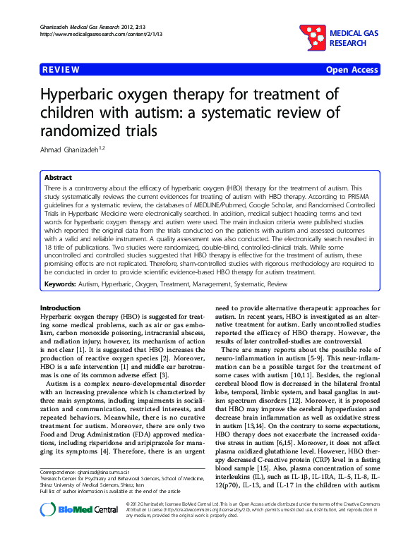 (PDF) Hyperbaric oxygen therapy for treatment of children with autism ...