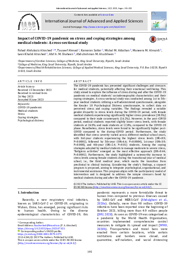 (PDF) Impact of COVID-19 pandemic on stress and coping strategies among ...