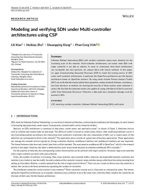 (PDF) Modeling and verifying SDN under Multi‐controller architectures ...