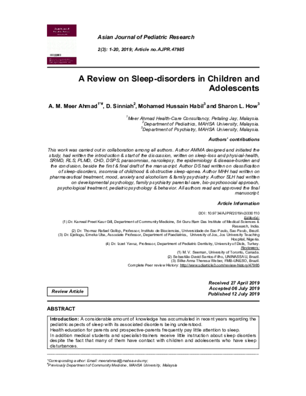 (PDF) A Review on Sleep-disorders in Children and Adolescents