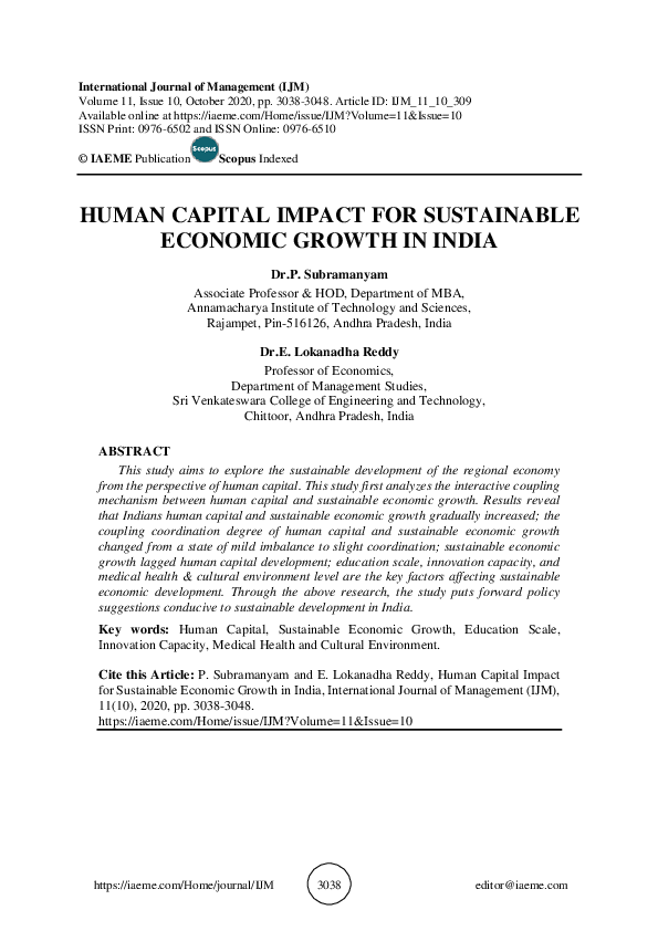 (PDF) HUMAN CAPITAL IMPACT FOR SUSTAINABLE ECONOMIC GROWTH IN INDIA