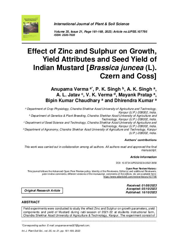 (PDF) Effect of Zinc and Sulphur on Growth, Yield Attributes and Seed ...