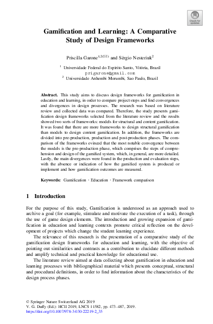 (PDF) Gamification and Learning: A Comparative Study of Design Frameworks