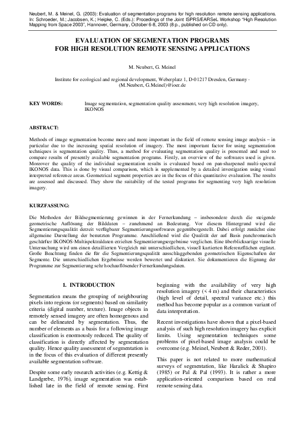 (PDF) Evaluation of Segmentation Programs for High Resolution Remote ...