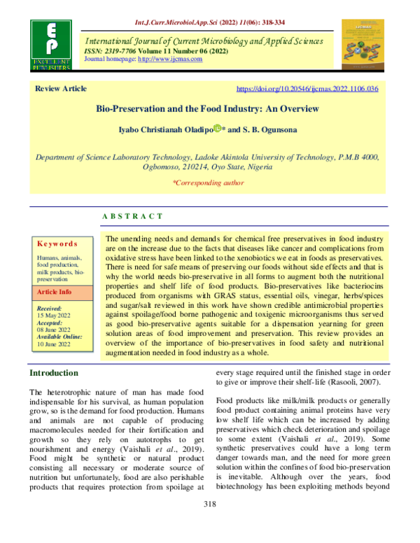 (PDF) Bio-Preservation and the Food Industry: An Overview