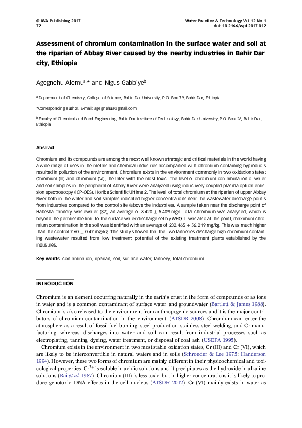 (PDF) Assessment of chromium contamination in the surface water and ...